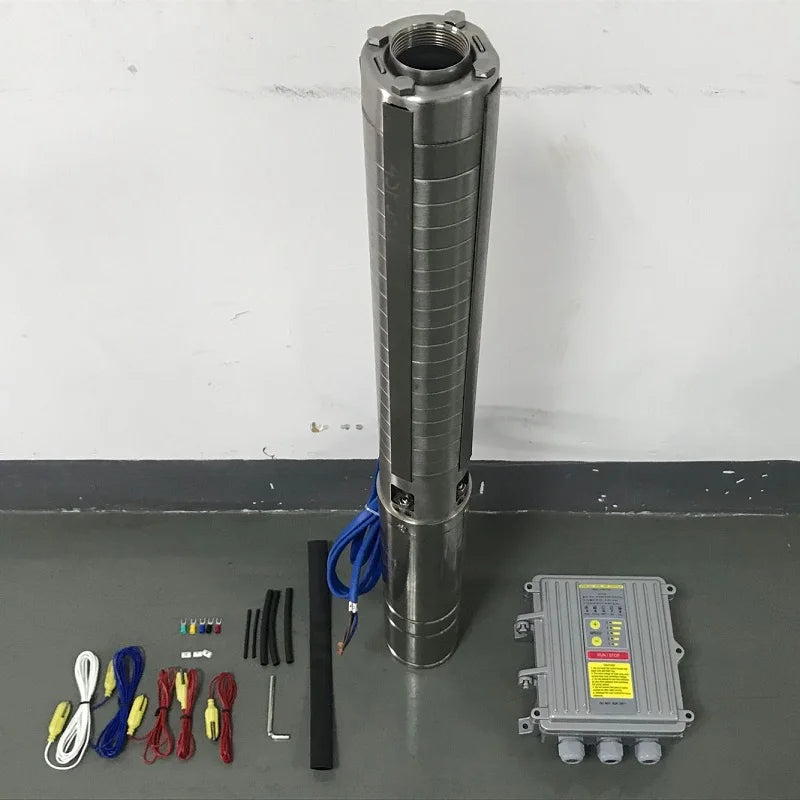 Pompe submersible solaire pour forage DC, 4 pouces, sortie 1,25 pouce, avec turbine (hélice) en acier inoxydable