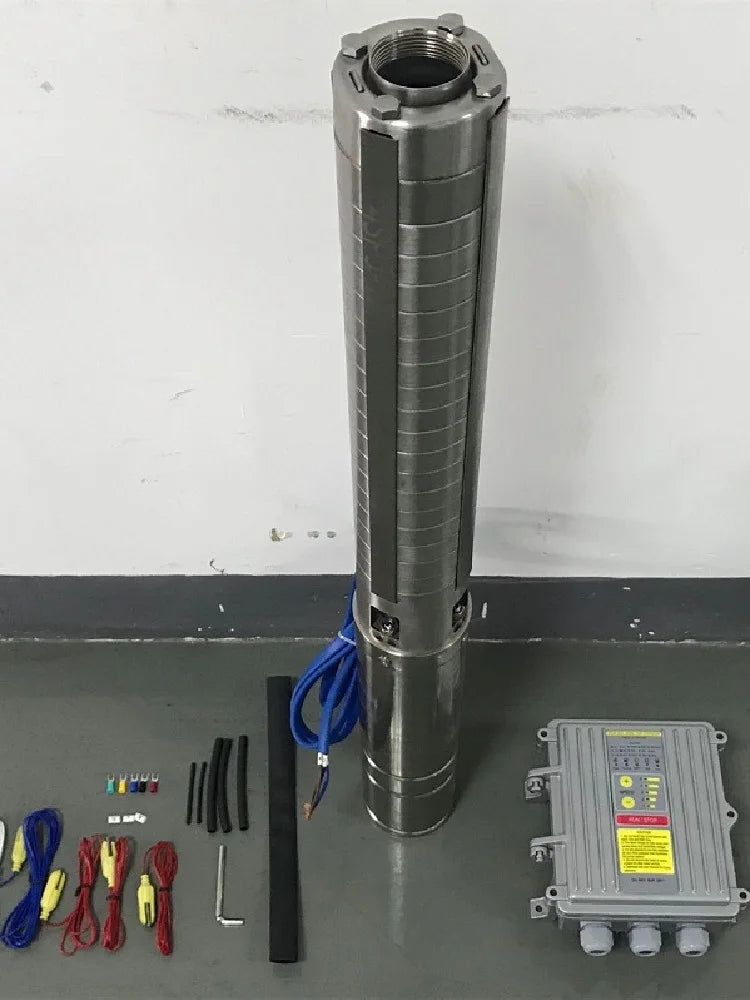 Pompe submersible solaire pour forage DC, 4 pouces, sortie 1,25 pouce, avec turbine (hélice) en acier inoxydable