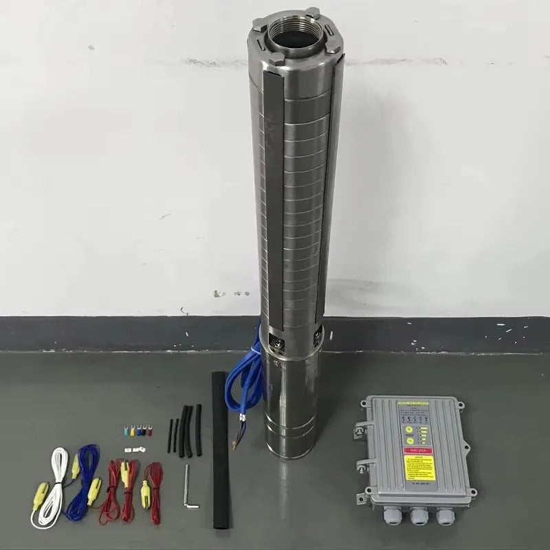 Pompe submersible solaire pour forage DC, 4 pouces, sortie 1,25 pouce, avec turbine (hélice) en acier inoxydable