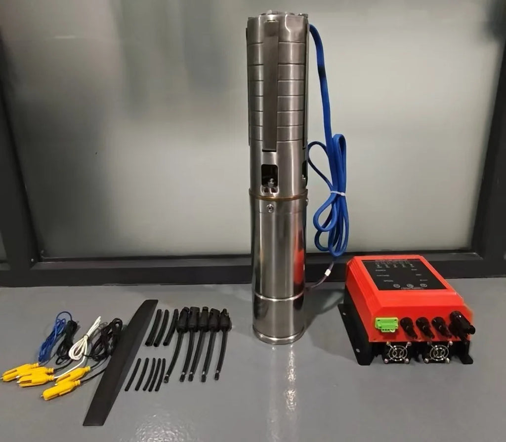 Pompe submersible solaire pour forage DC, 4 pouces, sortie 1,25 pouce, avec turbine (hélice) en acier inoxydable