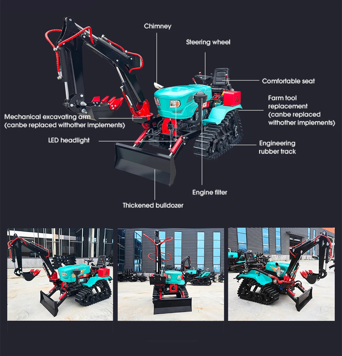 Machine Agricole 5 en 1 – Mini Tracteur à Chenilles avec Excavateur